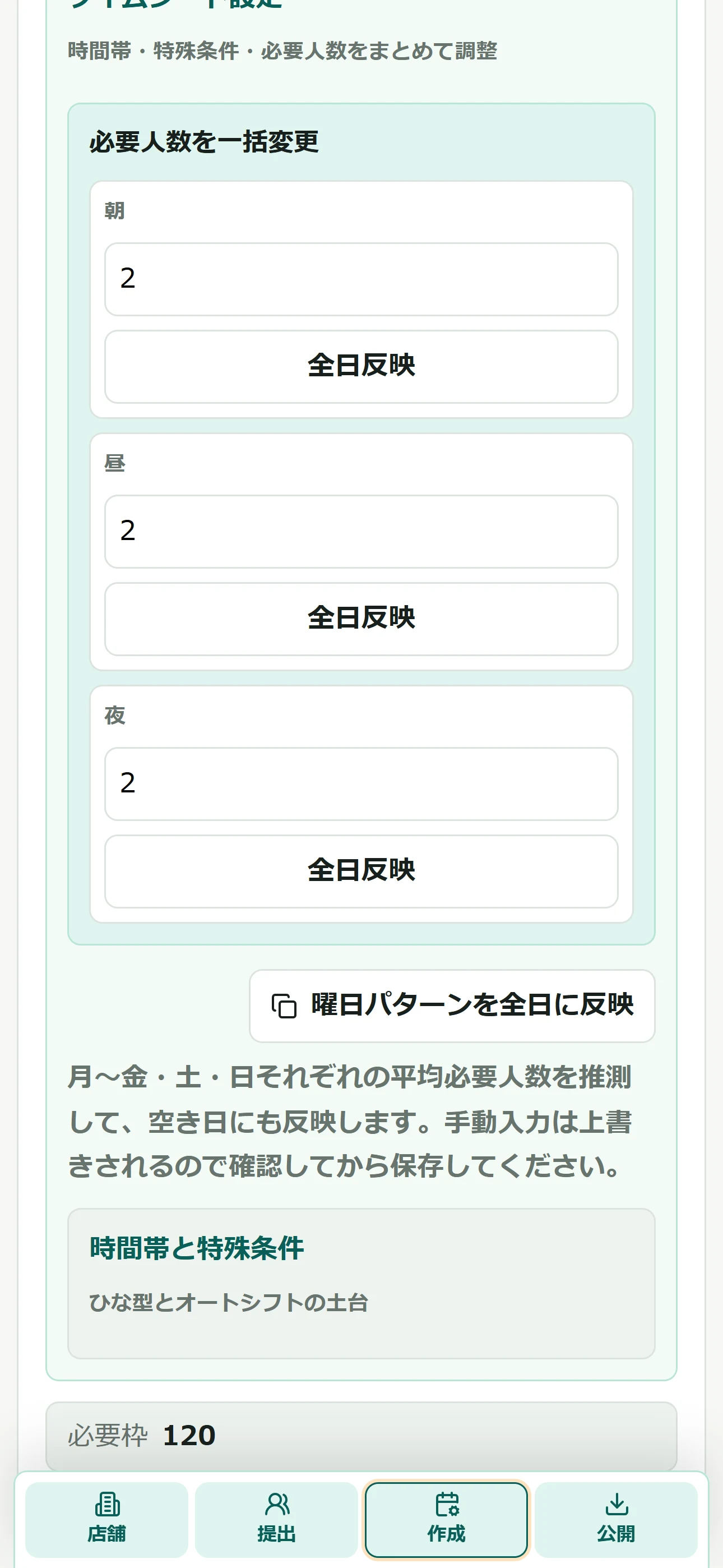 スタッフの希望と店舗条件から作成された未確定のシフト案を確認する実画面